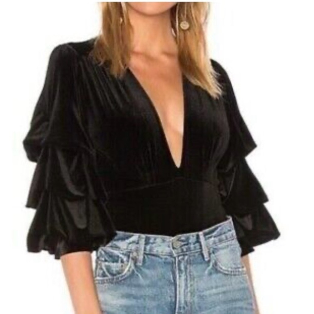 Misa Los Angeles Linde Plunge Velvet Bodysuit XS Black